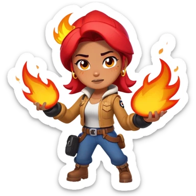Amber from Brawl Stars as an emoji, with fire effects around her, capturing her dynamic and playful look sticker