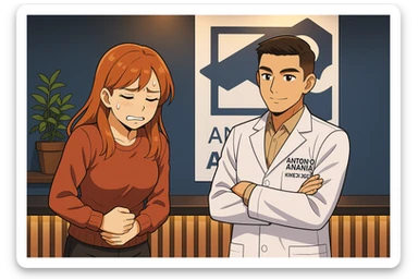 su questo stile fai un manga/webtoon a colori in cui mostri quella parete dietro dello studio con il suo logo e la scritta "ANTONIO ANANIA" SOTTO IL LOGO, LUCE CHE ILLUMINA IL LOGO sticker