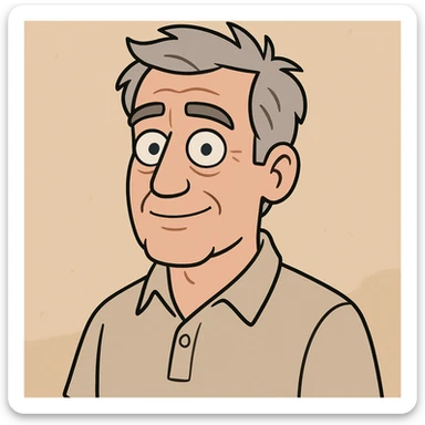 cartoon portrait of a middle-aged man with gray hair and blue eyes, wearing a collared shirt sticker