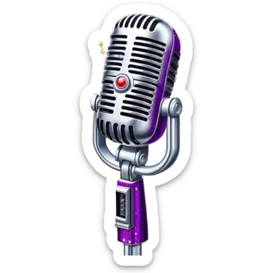 Create a glamorous and vibrant emoji representing stage vocal performance. The design should feature a humanless collage of classic vintage microphone, stage costume covered in rhinestones, sparkling brightly. The costume should be stylized, with glittering elements like sequins and sparkles, and reflect the glitzy, extravagant nature of show business. The microphone should have a sleek, retro look with chrome or metallic accents. Use rich, dazzling colors like gold, silver, deep purple, and bright red to evoke the glamorous, larger-than-life feel of a stage performance. The background should be transparent. sticker
