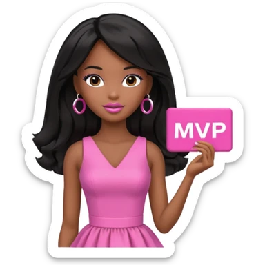 Black barbie, long black  hair, pink dress holding mvp sign  sticker