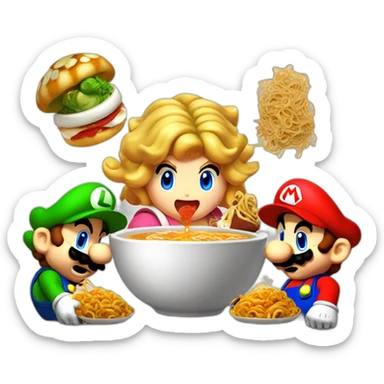 super mario bros luigi peach toad and bowser eating ramen sticker