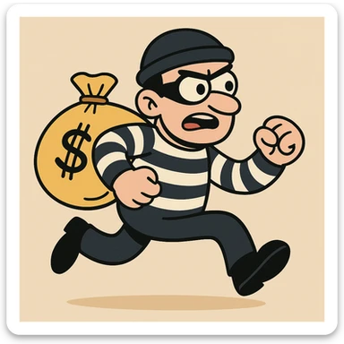 black and white striped robber man carrying a yellow bag of money, cartoon style sticker