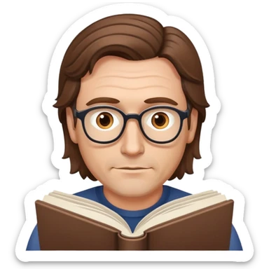 man in his forties with slightly wavy hair, no glasses, reading a book sticker