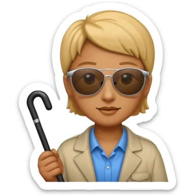 A blind person wearing sunglasses and holding a guide cane sticker