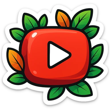 Super soft, chunky YouTube logo in vibrant toon style with thick outline, dramatic solid shadows, shiny graphic highlights, surrounded by vivid leaves, no background. Focus on contours, shadows, and glossy effects, matching the reference style, but keep everything flat and illustrated, not realistic. sticker