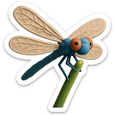 claymation style close-up of a dragonfly on a reed, detailed wings, gentle background sticker