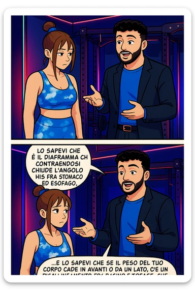 TRASFORMA QUESTO CAROSELLO IN UN FUMETTO STILE WEBTOON/MANGA A COLORI CON QUESTE DUE PERSONE IDENTICHE CHE INTERLOQUISCONO TRA LORO, L'uomo sta spiegando alla donna questo concetto:

LUI (UOMO): Hai controllato diaframma e baricentro corporeo?
LUI (UOMO): Lo sapevi che è il diaframma che contraendosi chiude l’angolo his fra stomaco ed esofago, contenendo la risalita degli acidi grassi?
LUI (UOMO): …e lo sapevi che se il peso del tuo corpo cade in avanti o da un lato, c’è un disallineamento fra bacino e torace, che comprimendo le coste, limita la motilità del diaframma e quindi il contenimento del reflusso? sticker