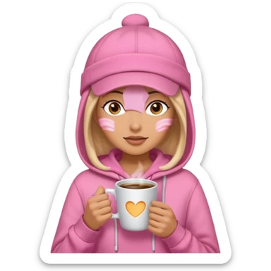 Woman in pink hoodie and cap holding coffee sticker