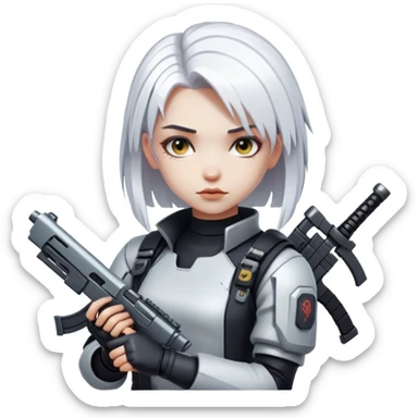 young girl, white long hair, weapon, cyberpunk sticker