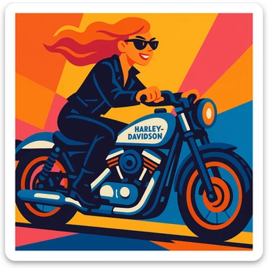 A woman in a black leather jacket and pants on a white and blue Harley Davidson, side view, energetic, modern vibrant toon style illustration sticker