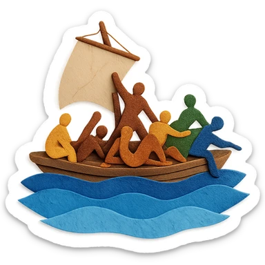 paper craft style Le radeau de la Méduse, layered paper look, raft and people, blue sea sticker