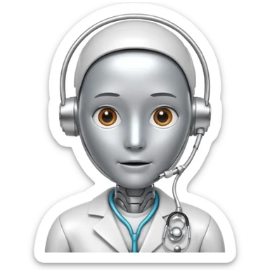 medical robot wearing a white coat and a stethoscope sticker