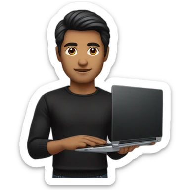     memoji of a man with a laptop in front, apple-style,modern,dark hair,black sweater,computer in hand, srilankan brown skin and dark brown eyes,  sticker