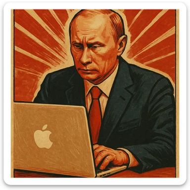 Vladimir Putin working on a MacBook in a vintage propaganda poster style sticker