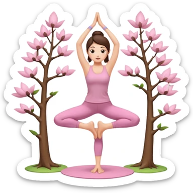 brunette yoga girl in light pink clothes, standing in tree pose sticker