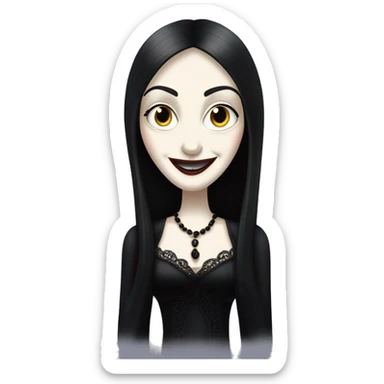 Morticia Addams at home. Smiling. Filmy nightgown . Very Pale-white porcelain skin.  sticker