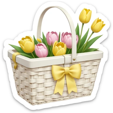 A white Picnic basket with yellow pastel bow, white peonie, tulips sticker
