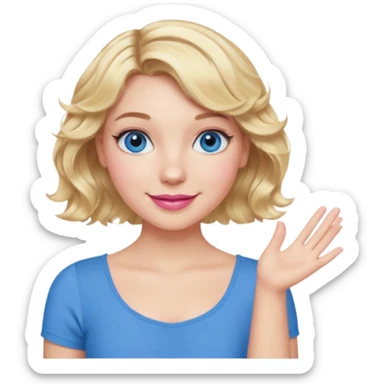 Girl Blonde short wavy hair,  blue eyes, cute blue top, long lashes, pink lips, smiling, one hand 🤷🏼‍♀️  sticker