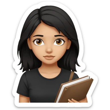 a pretty tan indian bratz girl with messy dark black hair, wearing a black tee carrying a sketchbook sticker