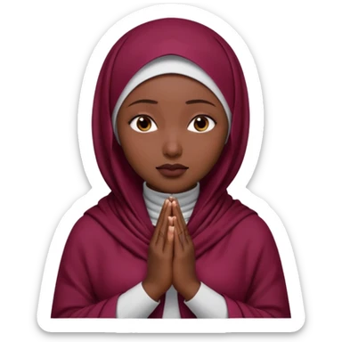 darkskin muslim black woman praying with burgundy hijab hyper realistic face, islamic prayer position  sticker