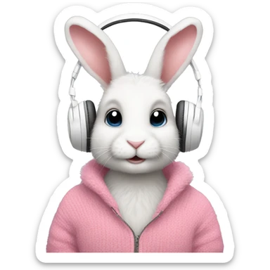Cute rabbit wearing white headphones and pink fur sweater sticker