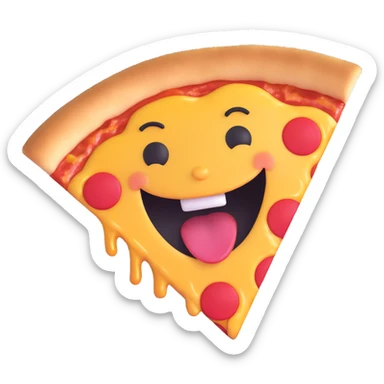 happy face mid-bite into a shiny pizza slice, clear bite mark, bright and glossy, fun and lively sticker