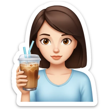 Brunette girl holding a glass with iced coffee in it  sticker