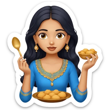 a pretty tan indian bratz girl with wavy long BLACK hair. eyeliner on, wearing a blue kurti, eating golgappa (without spoon) sticker