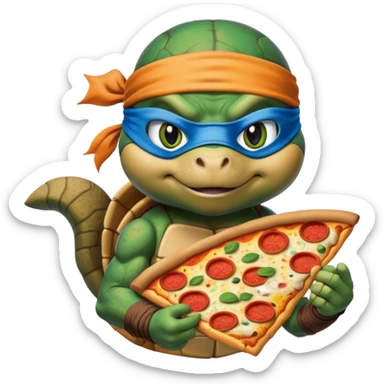 ninja turtle with blue eye mask eating pizza with a squirrel sticker