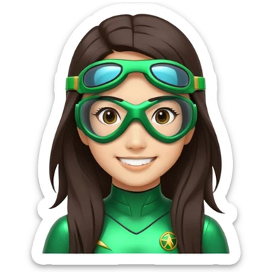 green Power Ranger, Asian girl with long straight dark brown hair, side part, big smile, scuba goggles sticker