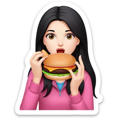 White girl in pink clothes and long black hair eating burger sticker