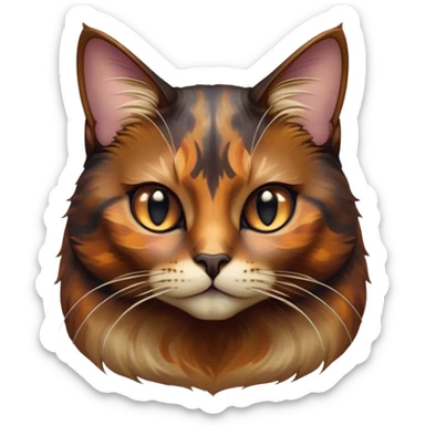 Cinematic Noble Tortoiseshell Cat Portrait Emoji, Poised and dignified, showcasing a luxurious, mottled fur of rich browns and blacks, with elegantly arched whiskers and a determined yet gentle expression, simplified yet meticulously detailed, glowing with a subtle, regal radiance, high shine, embodying quiet nobility and refined charm, soft glowing outline, capturing the essence of a sophisticated tortoiseshell cat exuding quiet authority! sticker