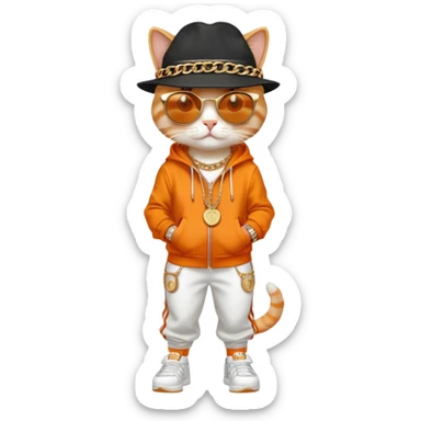 female cat dressed like Run DMC with tracksuit, fedora, Adidas shoes, dark sunglasses, lots of gold chains, rings, bracelets, earrings, upright sticker