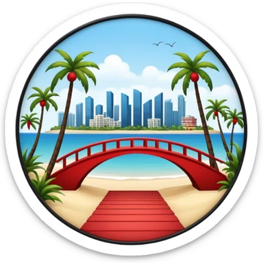 a circle island with modern buildings, a beach with palm trees. also, a red bridge behind.  sticker