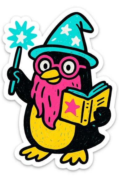 a stylized penguin wizard with glasses, a long beard, and a spellbook, in a bold, graphic style, pop colors style sticker