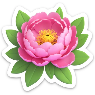 A pink peony flower in 3D iOS style with green leaves, detailed petals, and a soft, vibrant color scheme. sticker