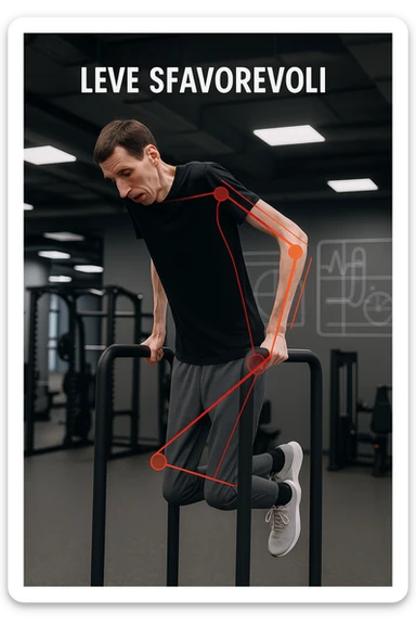 a tall, lean man with very long arms and a short torso attempts a dip on parallel bars. His elbows are deeply bent and his body appears awkwardly positioned, highlighting the mechanical disadvantage. An overlay shows anatomical lines and angles, with labels explaining “Leve Sfavorevoli” The background is a modern gym, with a focus on biomechanics. in italiano sticker
