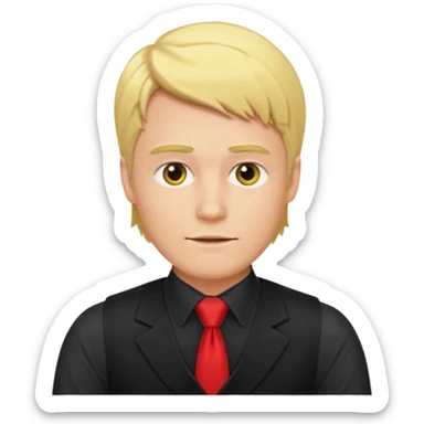 A blond man wearing a black dress shirt, red tights, and a yellow tie. A red vest over the black shirt. sticker