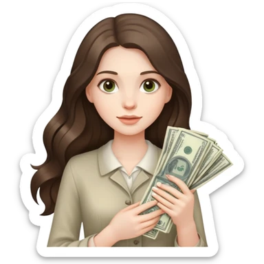 beautiful pale brunette girl with long hair holding a bunxh of money sticker