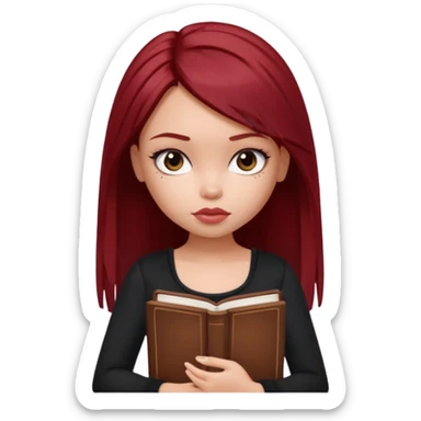 a pretty bratz fair girl with dark red straight hair, black cami top, looking sad holding books. looking sad sticker