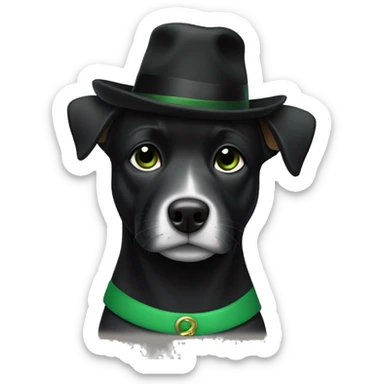 Black dog with green dress, black shoes and black hat sticker