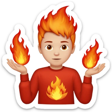 A boy with no hands fire instead made out of red fire and the boy is wearing a shirt that says FIRE C sticker