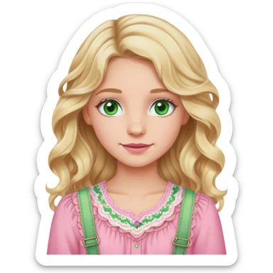 Blonde girl with wavy hair, green eyes, and pink braces wearing a pink boho chic blouse sticker