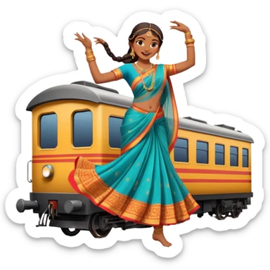 An Indian woman dancer dancing on top of a running train. sticker