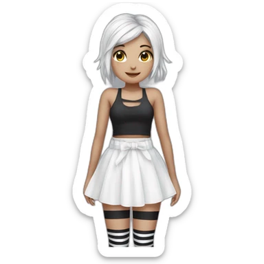 Frontal view curvy emo girl sits white skirt striped stockings hands up sticker