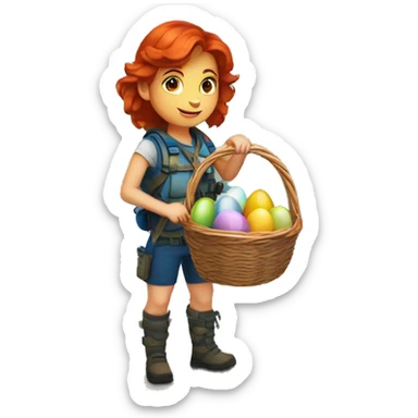 Female mountain climber red hair with Greek flag and holding Easter eggs basket sticker