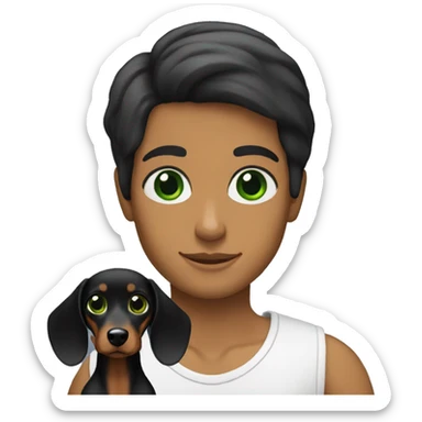 Lebanese with green eyes holding a black dachshund sticker