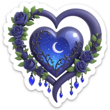 gothic heart, midnight blue glass, silver crescent moon, tiny black roses, shimmering stardust, with a rain-soaked look sticker