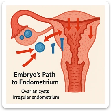 scientific illustration of embryo's path to endometrium with visual signals of hostility like arrows, barriers, red or blue colors, ovarian cysts and irregular endometrium, light background sticker